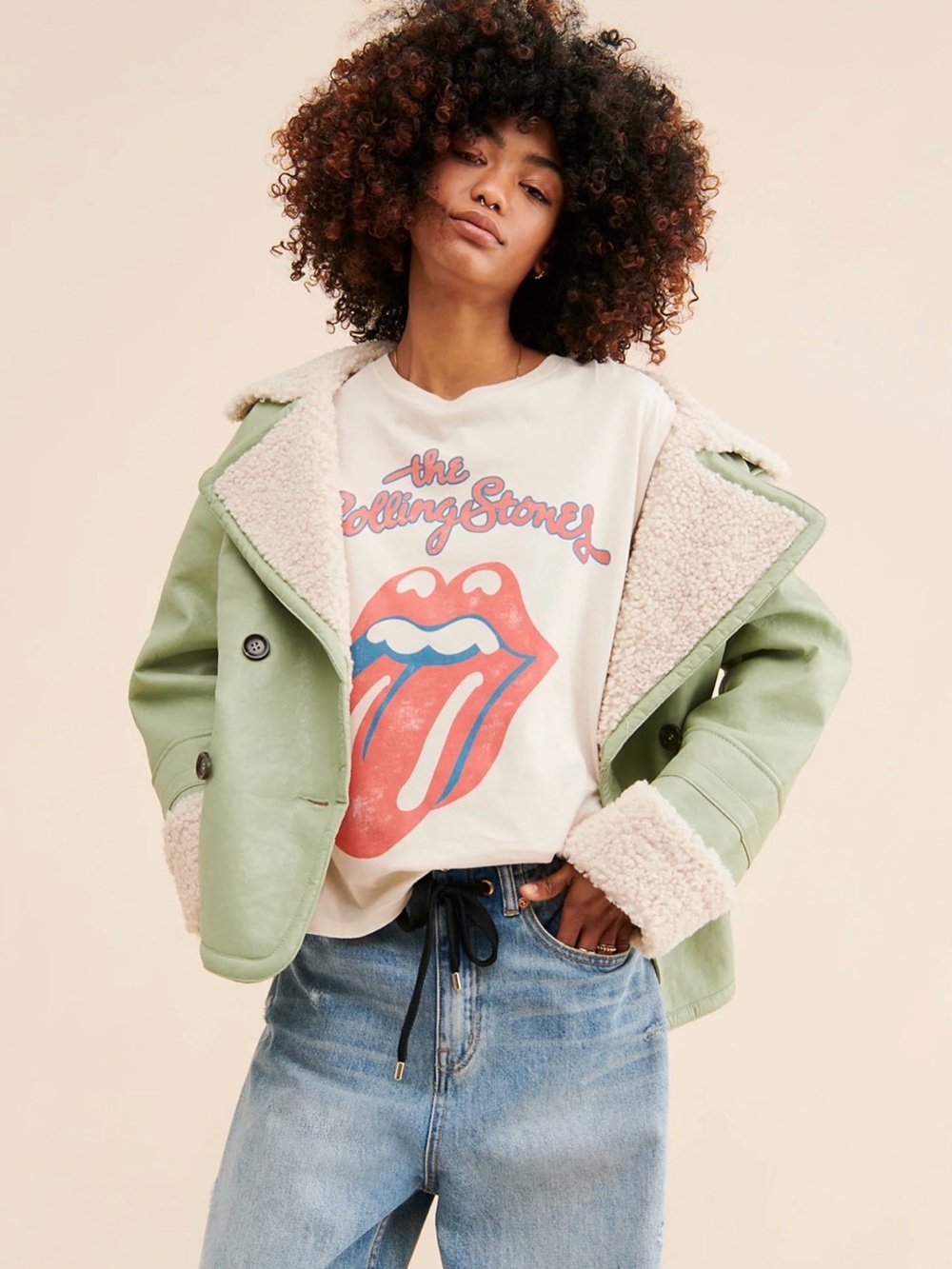 Free People Sage Green Sherpa-Lined Peacoat
